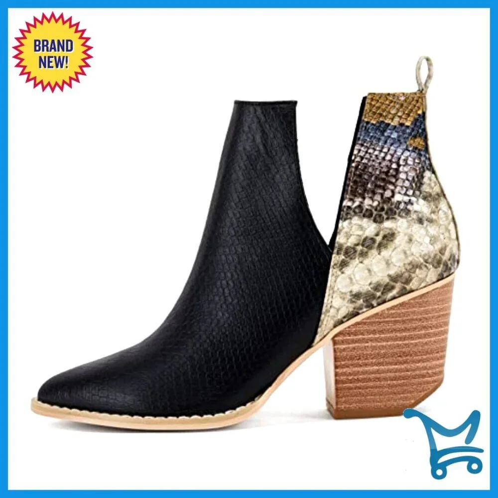 Pointed Toe Stacked Heel Ankle Booties V Cut Back Zipper Faux Leather